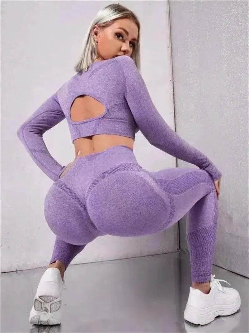 Leggings de fitness Tenues de sport Survêtements 2 pièces à manches longues et design évidé