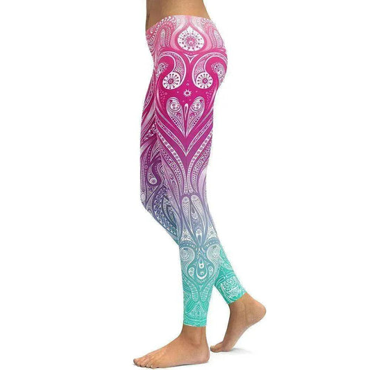 Legging de yoga/sport tissé mandala rose + turquoise