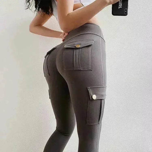 Legging cargo taille haute pour femme – Pantalon d'entraînement extensible rehausseur de fesses avec poches | Legging de sport amincissant au niveau du ventre